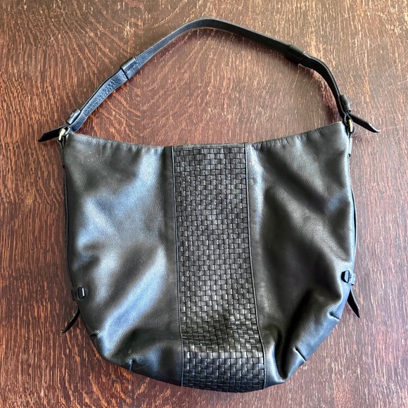 Cole Haan Black Leather Hobo Tote Bag Purse with heritage weave - Picture 1 of 10